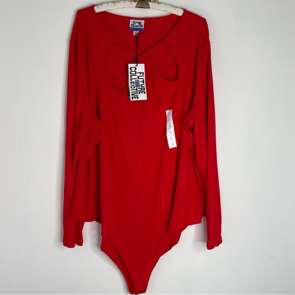 Future Collective Kahlana Barfield Brown Bodysuit Keyhole Front NWT Sz 4X Red